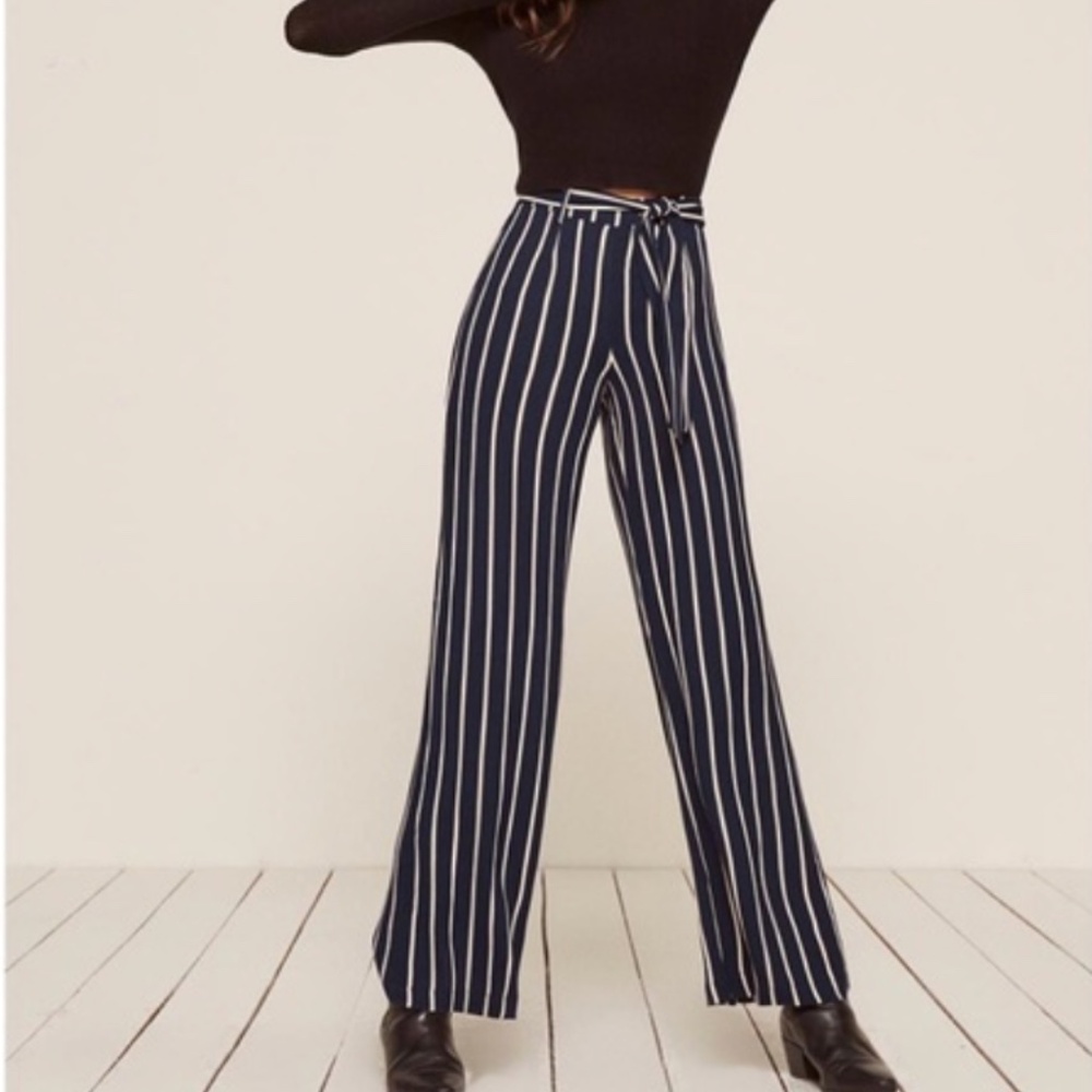 Reformation Belmont Pant Wide Leg in Navy Blue Capone Stripe size 4 Small
